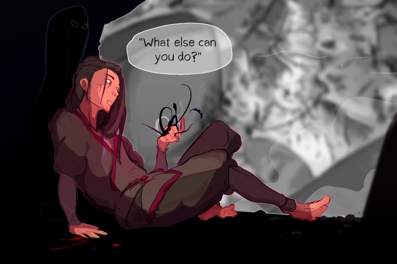 An image of Wei Ying sitting on the ground, with tendrils coming out of his palm asking 'what else can you do?'